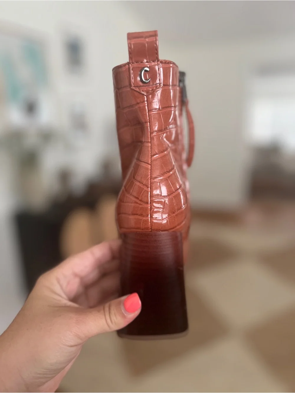 Women's Croc-Embossed Block Heel Ankle Boots - Rust
